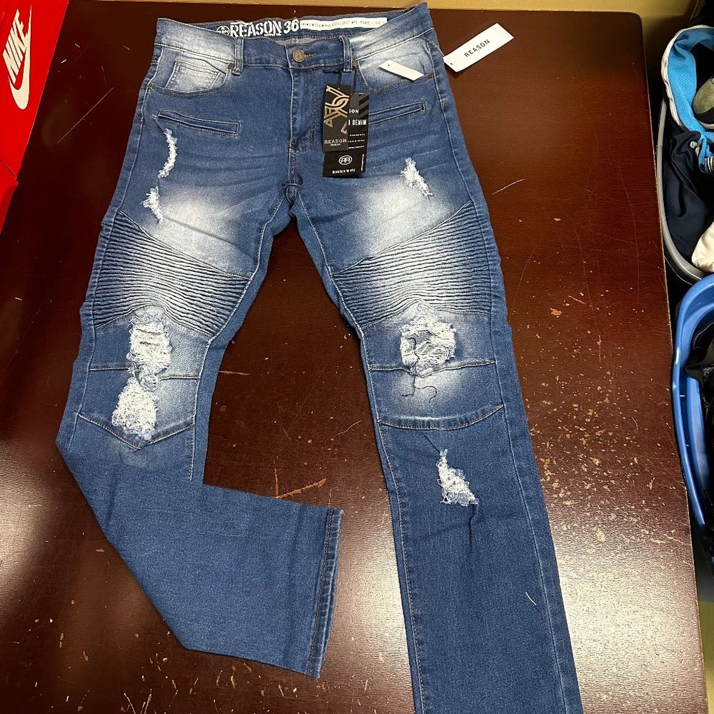 Reason Mens Blue Faded Pleated Distressed Skinny Denim Straight Jeans Size 36